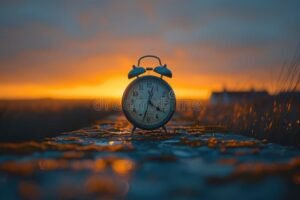 amanecer con reloj y paisaje natural