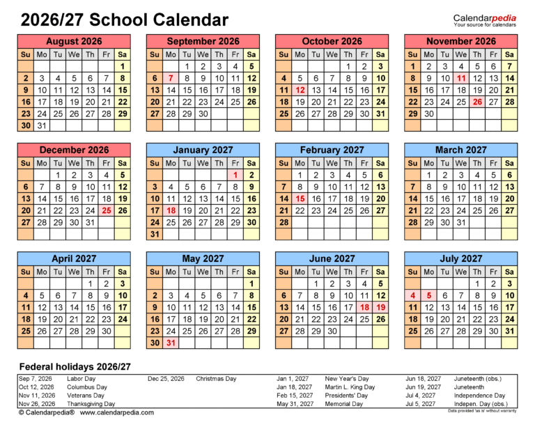 calendario escolar marcado con vacaciones y feriados