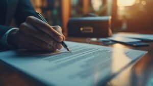 manos escribiendo documento legal en escritorio