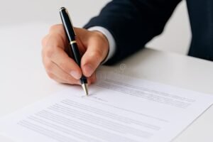 persona firmando contrato en oficina profesional
