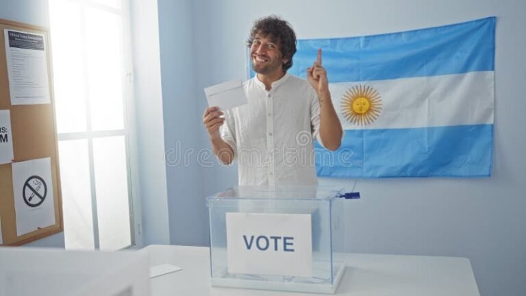 personas votando en urna con bandera argentina
