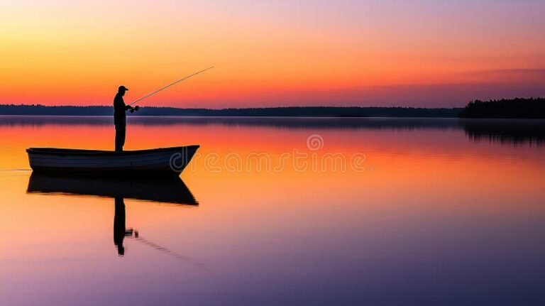 pescador lanzando cana en lago tranquilo