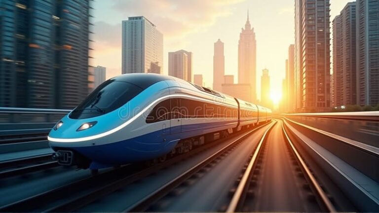 tren moderno en movimiento al amanecer